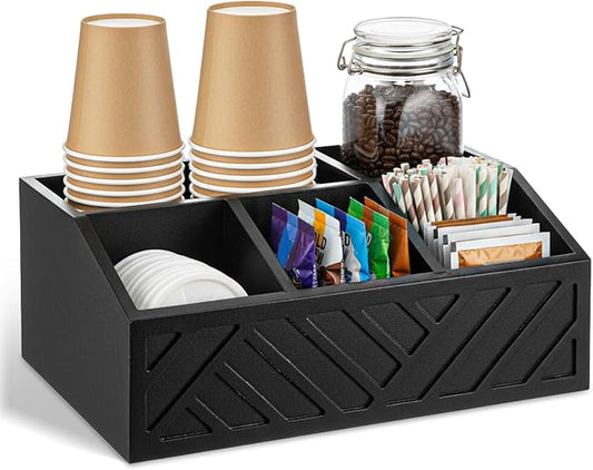Black Coffee Station Organizer for Counter, Wood Coffee Pods Holder Storage Basket with 5 Compartments, Coffe and Tea Condiment Basket Storage Organizer, Farmhouse Bar Accessories Decor