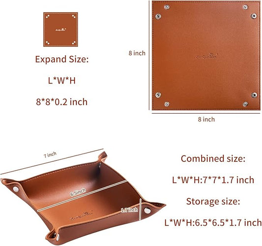SANQIANWAN PU Leather Jewelry Valet Tray for Women and Men, Portable Entryway Table and Bedside Nightstand Desk Catchall Travel Dish Plate for Key, Wallet, Watch, Coin (Brown-B)