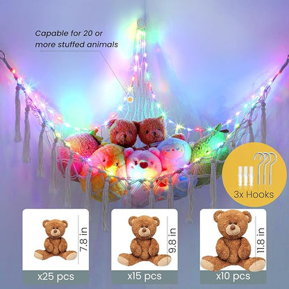 Stuffed Animal Hammock 75LEDs, 20 Colors Warm White 55in Extra Large Storage Macrame Hammock with Remote, USB Powered Hanging Plush Animal Net for Kids Bedroom Doll Room Corner Organizer(XL)
