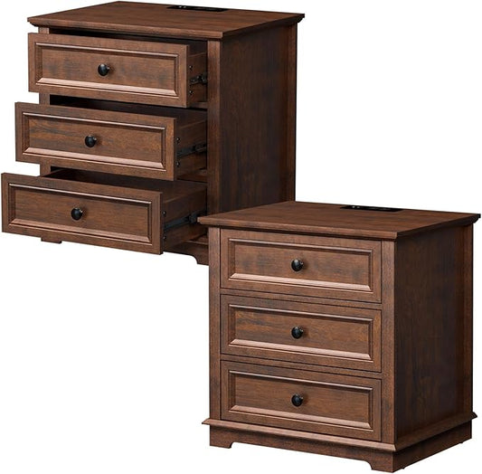 Nightstand with Charging Station Set, 24” Wide End Table with 3 Drawers Set of 2, Modern Bedside Table with Storage, Wood Small Dresser for Bedroom Room (Cherry)