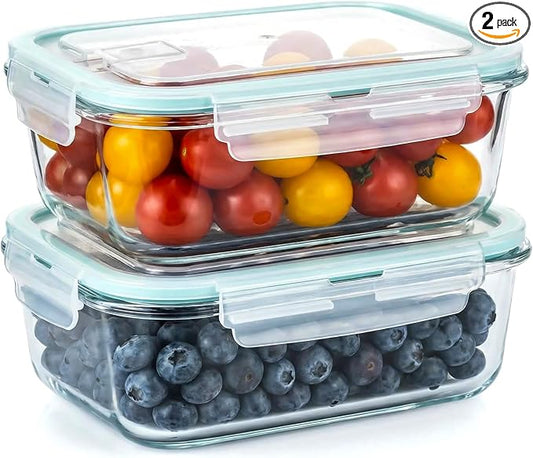 Piszvbej 2 Pack Fruit Storage Containers for Fridge, Glass Fruit Containers for Fridge with Airtight Lid, Airflow Vent Design to Keep Produce Fresh Longer, Ideal for Fruits and Vegetables Storage