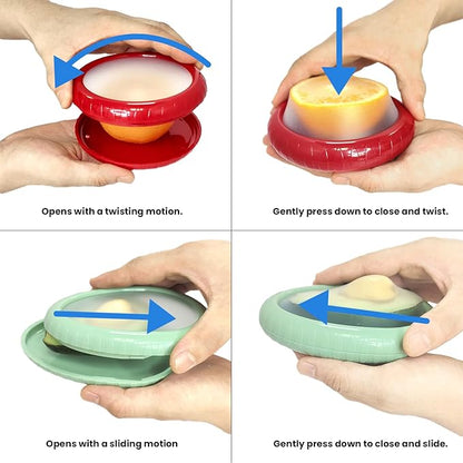 4 Pcs Reusable Avocado Onion Lemon Tomatoes Saver Keeper, Silicone Fruit and Vegetable Anti-Oxidation Storage Box Refrigerator, Fruit Veggie Holder Containers for Fridge (Cyan, Purple, Red And Yellow)
