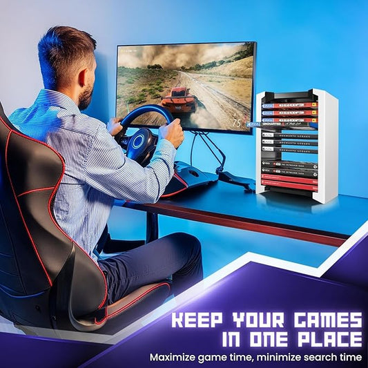 TNP Universal Video Game Storage Tower for PS5, PS4, PS3, Nintendo Switch, Xbox One, Xbox Series S/X - White Video Game Holder Organizer Stand with 12 CD Case Storage for Organizing & Displaying