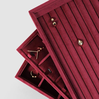 Velvet Ring Display Tray, Stackable Muilt Slot Rings Ear Stud Storage Tray, Drawer Insert Jewelry Accessories Organizers Plate (Red)