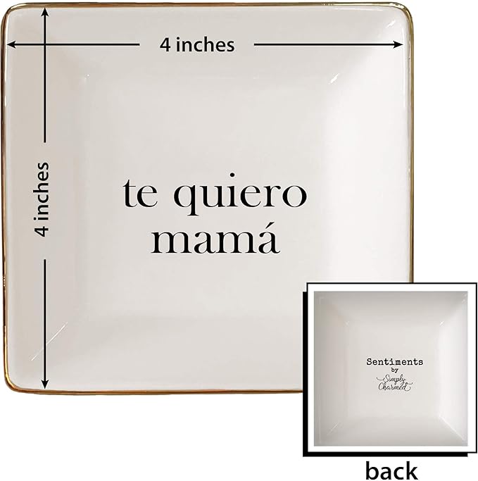 Simply Charmed I Love You Mom Spanish Gift - Ceramic Jewelry Dish or Ring Holder – Trinket Tray – Fun Birthday or Valentine's Day Gift for Mama or Madre