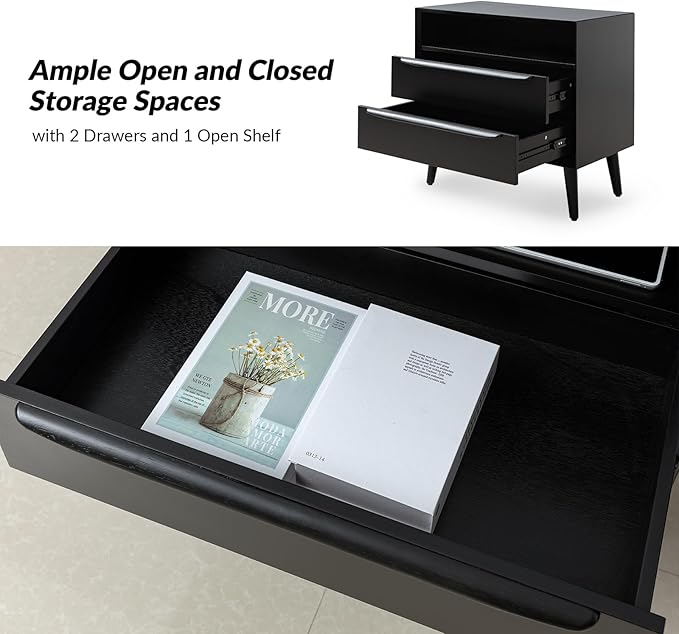 HULALA HOME End Table with Charging Station, Mid-Century Modern 2 Drawer and Open Shelf, Fluted End Table（Black）
