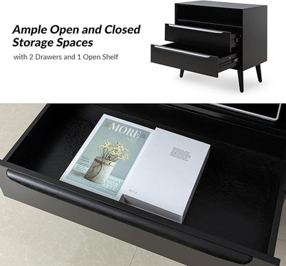 HULALA HOME End Table with Charging Station, Mid-Century Modern 2 Drawer and Open Shelf, Fluted End Table（Black）