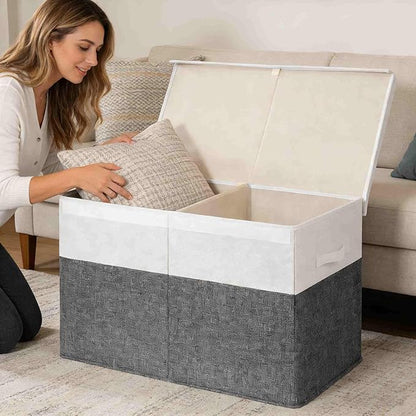 INDRESSME 25"x13"x16" Large Toy Storage Box with Lid, Toy Chest Organizer Toy Basket with Dividers for Playroom, Bedroom, Closet, Toy Bin for Kids Baby Boys Girls (Grey & White)