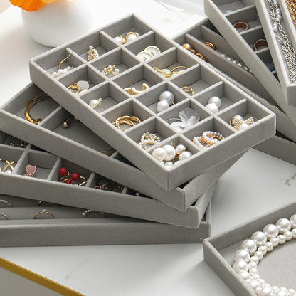 SPAKOWN Jewelry Drawer Organizer Inserts Set of 8, Small Stackable Jewelry Tray with Removable Dividers for Earrings Necklaces Rings Bracelets (Grey)