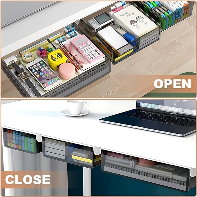 Under Desk Table Drawer Storage Organizer,3 Pack Large & Medium & Small Slide Out Desk Drawers - Hidden Desktop Organizer,Attachable Pencil Storage Tray Under Table(SML)