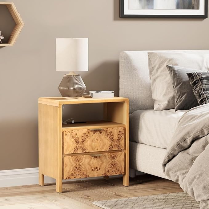 Farmhouse Nightstand with Charging Station, Side Table with Power Outlet and USB & Type C Ports, Wood Bedside Table for Bedroom, Fully Assembled, Rustic, Natural, Burl