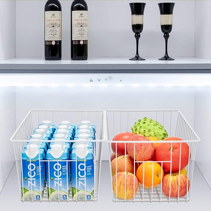 Large Wire Storage Baskets Freezer Baskets Organizer, Refrigerator Metal Wire Storage Divider, Wire Storage Basket with Handles for Kitchen, Pantry, Cabinet, Closets - Set of 3 (3, 16in x 10in x 7in)