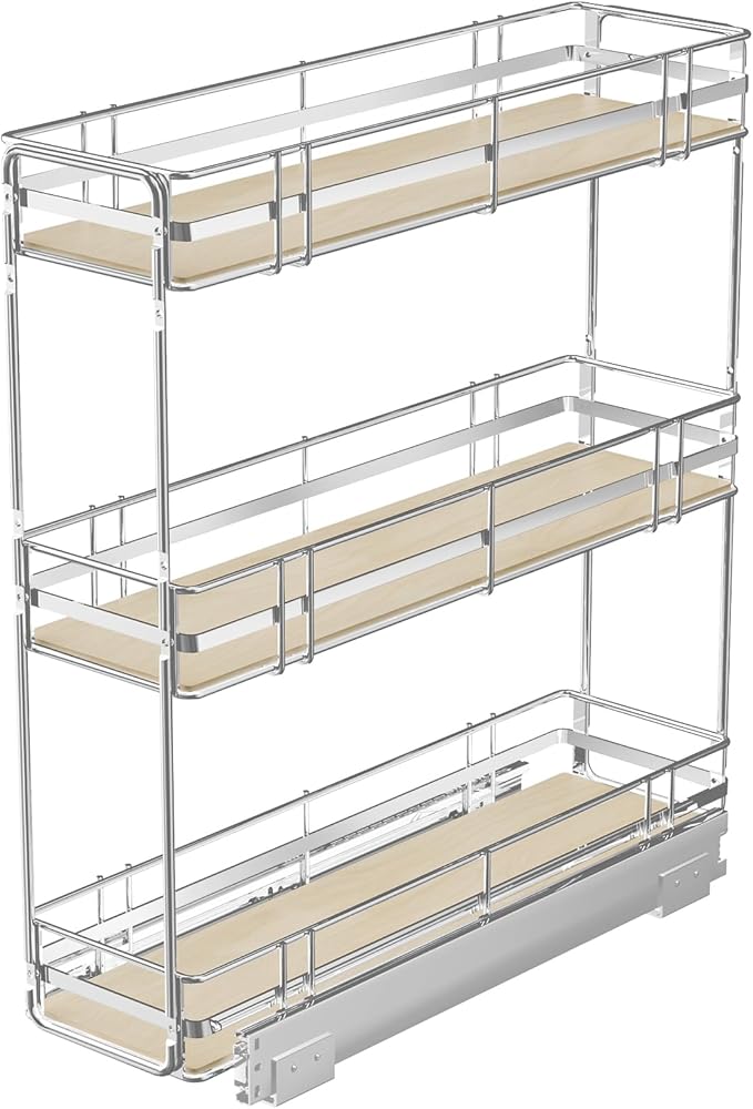 Pull Out Spice Rack Cabinet Organizer 7" W x 20½" D, 3 Tier Heavy Duty Slide Out Wood Shelf for Narrow Cabinet, Pull Out Storage for Kitchen
