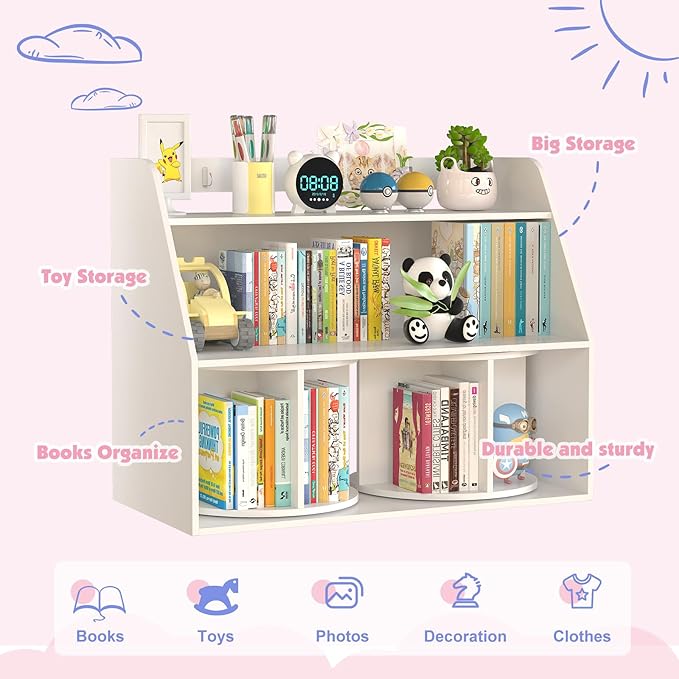NACHES Wooden Kids Bookcase with 2 Rotating Shelves 3 Tier Children Bookshelf Toddler Toys Organizer Multi Functional Wood Storage Bookshelf for Kids Rooms Nursery, White