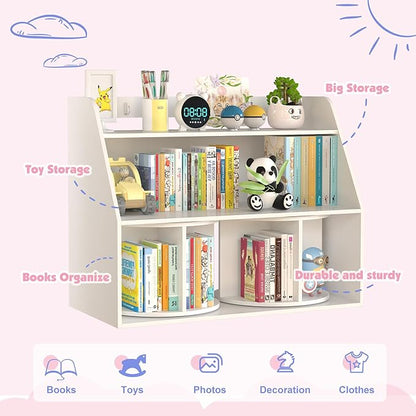 NACHES Wooden Kids Bookcase with 2 Rotating Shelves 3 Tier Children Bookshelf Toddler Toys Organizer Multi Functional Wood Storage Bookshelf for Kids Rooms Nursery, White