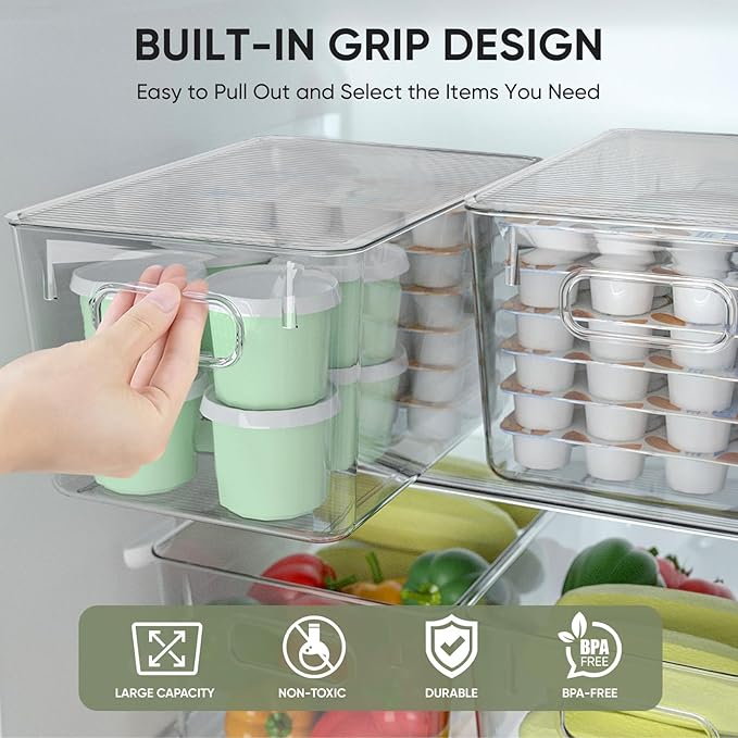 BALEINE Clear Stackable Storage Bins with Lids, Plastic Containers with Handle for Pantry Organizers and Storage, Plastic Bins for Fridge, Kitchen, Bathroom, Cabinet (13x7.4x7, 4PK)