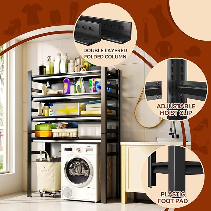 Over Washer and Dryer Shelves, 4 Tiers Adjustable Height Laundry Room Storage and Organizer Standing Shelf, Metal Freestanding Space Saving Organizers Shelf (4-Tier 63" H*35.4" W*17.7" D)