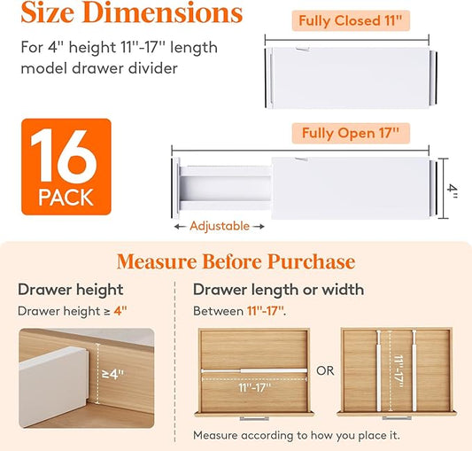 Lifewit 16 Pack Drawer Dividers 4" High, 11-17" Adjustable Drawer Organizers for Clothes, Expandable Dresser Separators in Bedroom/Bathroom/Kitchen/Fridge/Office Organization and Storage,White