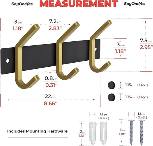 Small Coat Rack Wall Mount – Black and Gold Hook Rail with 3 Double Coat Hooks, 9 Inch Stainless Steel Wall Hooks for Entryway, Bathroom, Bedroom, Closet, Towel, Hat, Bag, Heavy Duty Organizer