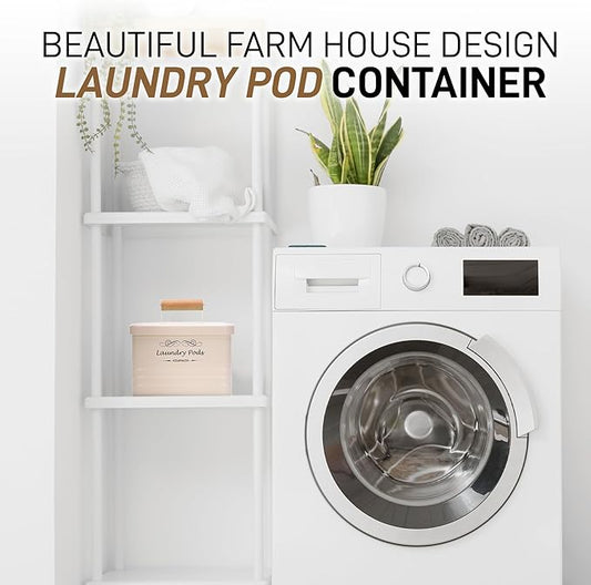 ElitaPro Modern Farmhouse Laundry Pods Container with Lid for Laundry Room Décor & Accessories, Laundry Room Organization (Ivory)