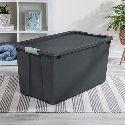Sterilite 8 Pack 45 Gallon Wheeled Latch Tote, Stackable Plastic Storage Bin, Gray/Green