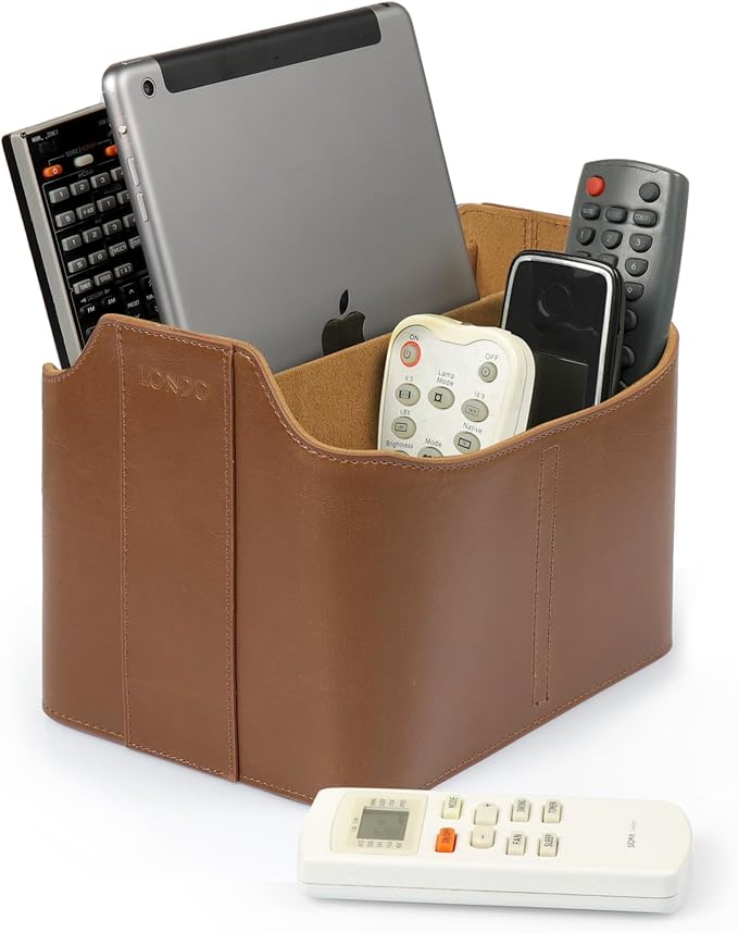 Londo PU Leather Remote Control Holder, Office Supplies Desk Organizer with Tablet Slot, Makeup Brush and Utensils Cube, Large Capacity Desk Caddy With 5 Compartments