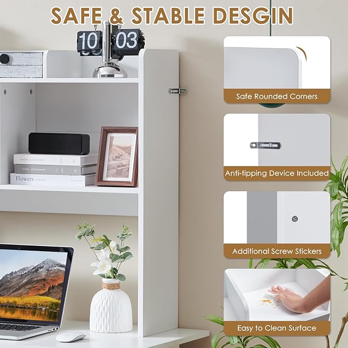 Desktop Bookshelf, Wooden Desk Storage Hutch with 5 Shelves, 3-Tier Desktop Display Organizer Rack for Office Home (White, 5 Shelves B)