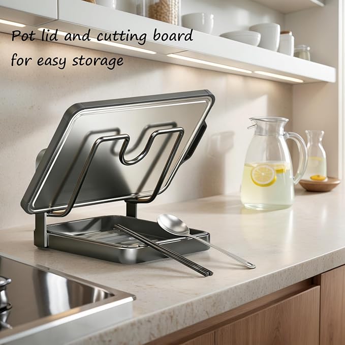 Kitchen Pot Lid Storage Rack, Stainless Steel Pot Lid Holder While Cooking for Countertop, Multifunctional Pots Lids Organizer Rack with Removable Drip Tray for Spatulas, Ladles & Large Lids (White2)