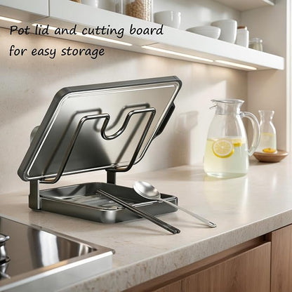 Kitchen Pot Lid Storage Rack, Stainless Steel Pot Lid Holder While Cooking for Countertop, Multifunctional Pots Lids Organizer Rack with Removable Drip Tray for Spatulas, Ladles & Large Lids (Gray1)