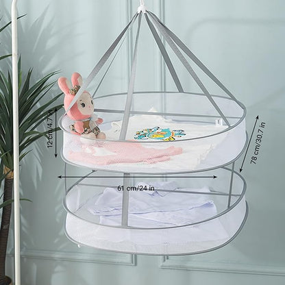 Sweater Drying Rack Mesh Foldable, Lay Flat Clothes Dryer Rack, Large Hanging Dry Rack for Clothes, Folding Clothing Drying Hanger, Portable for Laundry Indoor Outdoor (2-Tier)