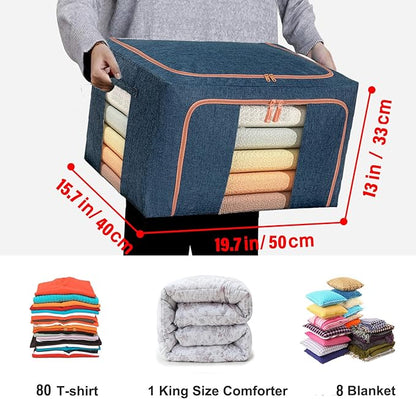 SWEERI Large Storage Bags,Foldable Storage Bins with Hold Shape Metal Frame,Closet Organizer Containers with Zipper,Clear Window,Thick Fabric for Seasonal Clothing,Bedding (66L x 3 Pack)