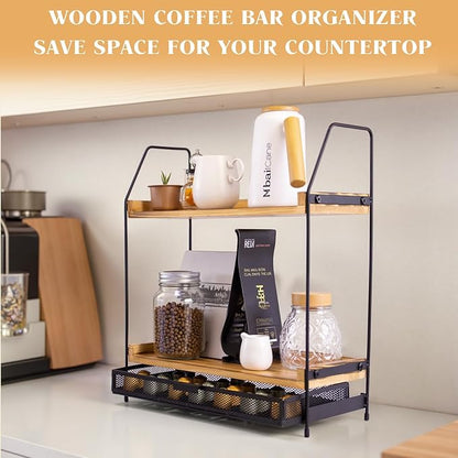 Coffee Bar Organizer Station | 2-Tier Wooden Shelf for K-Cup & Nespresso Pod Storage, Tea Bar Accessories and Coffee Pod Holder for Kitchen,Home, Office Countertop