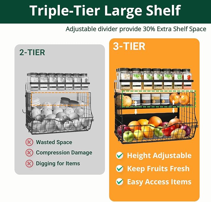NRSVIAN Magnetic Shelf for Fridge with Wood Lid, Fruit Potato and Onion Storage Bins, Kitchen Large Container Magnetic Spice Rack for Refrigerator, Kitchen Counter, Tools, Snack (BLACK, 2 Pack)