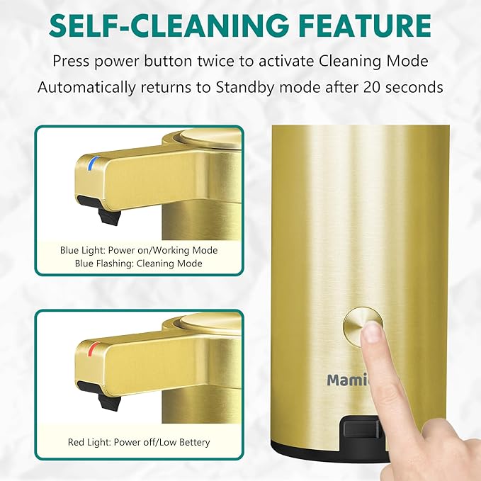 Mamiddle Automatic Soap Dispenser Stainless Steel with Sensor Infrared Soap Dispenser Electric IPX5 Waterproof USB-C Charging Motion Sensor for Kitchen & Bathroom (Gold)