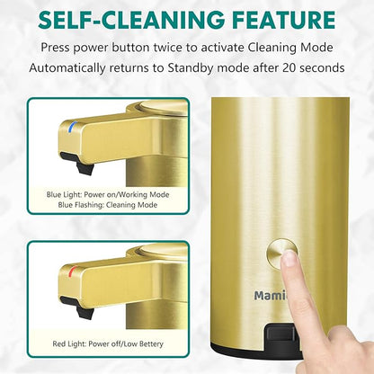 Mamiddle Automatic Soap Dispenser Stainless Steel with Sensor Infrared Soap Dispenser Electric IPX5 Waterproof USB-C Charging Motion Sensor for Kitchen & Bathroom (Gold)