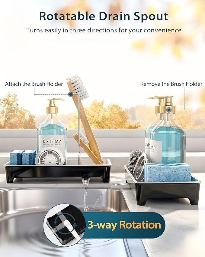 Caumic Minimalist Sink Caddy, Rustproof Sponge Holder for Kitchen Sink with 304 Stainless-Steel Brush Holder, Countertop Rack Organizer with Raised Ridges & Silicone Drain Tube (Black)