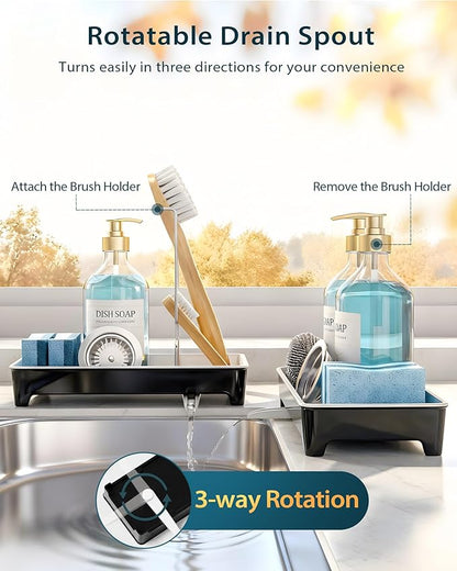 Caumic Minimalist Sink Caddy, Rustproof Sponge Holder for Kitchen Sink with 304 Stainless-Steel Brush Holder, Countertop Rack Organizer with Raised Ridges & Silicone Drain Tube (Black)