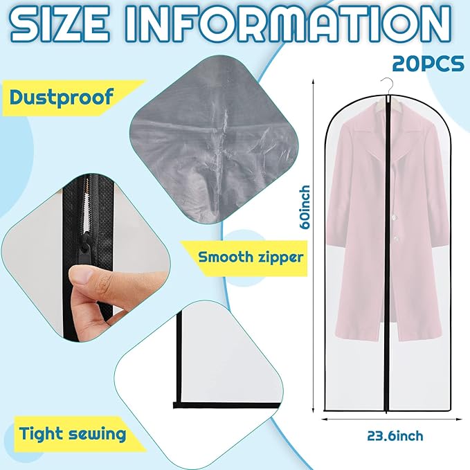 Amylove 20 Pcs 72/60/40 Inch Clear Garment Bags for Hanging Clothes, Dress, Gown, Coat & Suit Storage Bags with Zipper - Dustproof Cover for Closet Clothes Storage Travel(24 x 60 Inch)