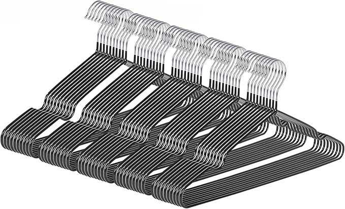 gofuch Ultra-Thin Metal Hangers, 50 Pack Non-Slip PVC Coated Space Saving Clothes Hangers for Closet, 16 inch Wide for Suits, Dresses, Jackets（Black）