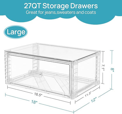 Vtopmart 6 Pack Large Clear Stackable Storage Drawers 27QT, Easily Assemble Plastic Closet Storage Bins, Dust-Proof UnderBed Organizer for Clothing, Sweater Organization