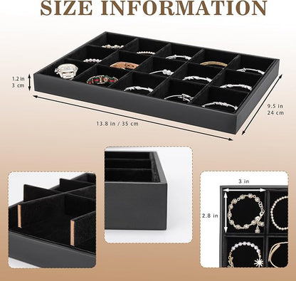 Polmart Stackable 15-Grid Jewelry Organizer/Storage/Display Trays, Black Velvet (2-Pack)