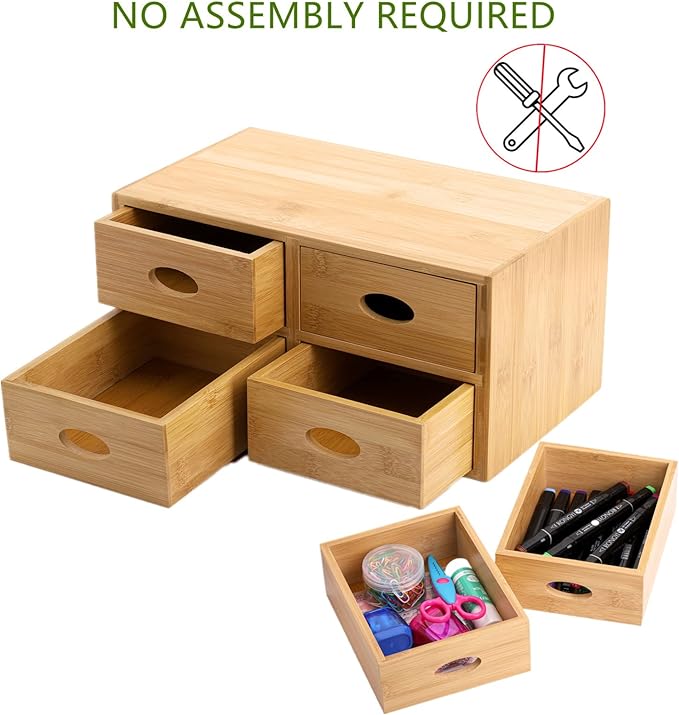 ZOOFOX Bamboo Desk Organizer, 100% Natural Bamboo Tabletop Storage Box with 4 Drawers, Night Stand Table Organizer, Wooden Desktop Drawer Organizer for Makeup Vanity Office Supplies