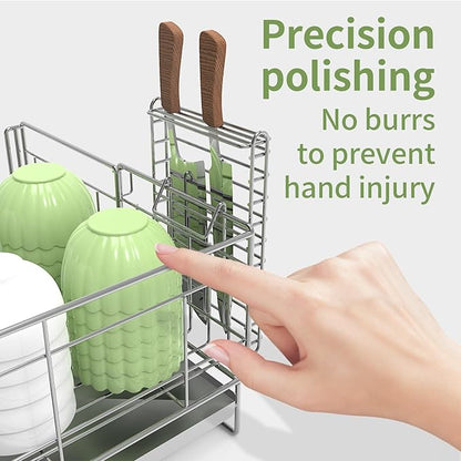 Large Dish Drying Rack - Rust Resistant Dish Rack,Expandable Kitchen Counter,Drainage Board with Sloped Design,Removable Cutlery Holder,Cup Knife Holder,Easy-to-Clean Full Hollow Design-Silver-L