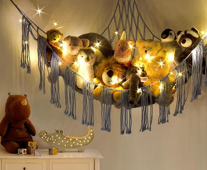 Stuffed Animal Hammock Corner Storage with LED Light - Bluey Room Decor for Girls - Teddy Bear Stuffy Hammock - Cute Blue Things for Bedroom - Wall Ceiling Hanging Decor