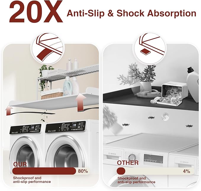 DTK Washer Dryer Countertop with Shelf, 27.55" Depth x 54" Width Laundry Wood Top Cover with Anti-Slip Strips, Over Washer and Dryer Wood Countertop with Edge Rails, White