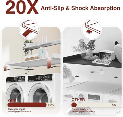 DTK Washer Dryer Countertop with Shelf, 27.55" Depth x 54" Width Laundry Wood Top Cover with Anti-Slip Strips, Over Washer and Dryer Wood Countertop with Edge Rails, White