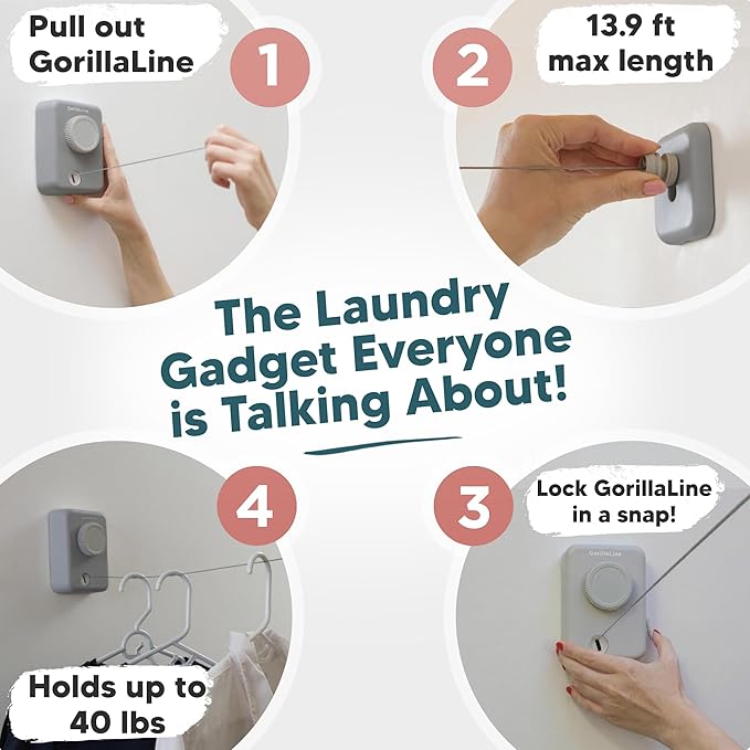 GorillaLine Max – Retractable Clothesline Indoor Outdoor, Non-Sagging Heavy Duty Clothes Drying Line, Wall Mounted Drying Rack, Air Dry Clothing, Max Tighten with GorillaGrip