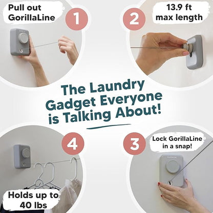 GorillaLine Max – Retractable Clothesline Indoor Outdoor, Non-Sagging Heavy Duty Clothes Drying Line, Wall Mounted Drying Rack, Air Dry Clothing, Max Tighten with GorillaGrip