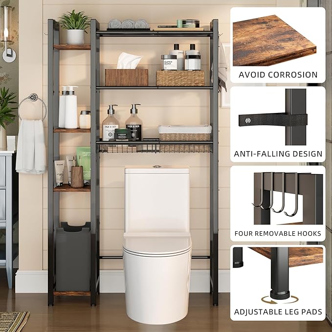 NEHAJUNXI Over The Toilet Storage with Side Rack, 7-Tier Bathroom Organizer with Adjustable Shelf & Drain Basket & 4 Hooks, Freestanding Space Saver for Balcony, Laundry (Vintage Brown)