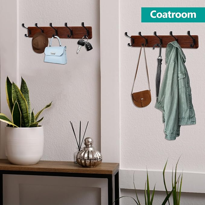 TORZCT 2PCS Coat Rack Wall Mount Coat Hooks Coat Hanger with 5 Hooks 2 Installation Over Door Hooks Wood Plank Hat Rack for Wall Hooks Hanging Coat Hat Jacketgt Mudroom Bathroom Entryway-Black